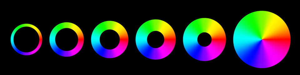 Obraz premium Color spectrum rings. Set of six circular gradients showing full RGB color wheel with varying inner radius. Colorful hue wheels on black background. Vector illustration.