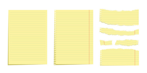 Set of yellow legal pad paper sheets and torn note pieces. Lined notebook pages with spiral holes and red margins and ripped fragments. Office stationery templates. Realistic vector illustration. © backup16