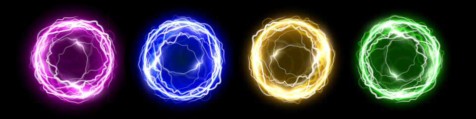 Light energy balls. Set of glowing power blue, green, purple, golden spheres with electric lightning effect on black background. Game portals. Futuristic abstract vector illustration.