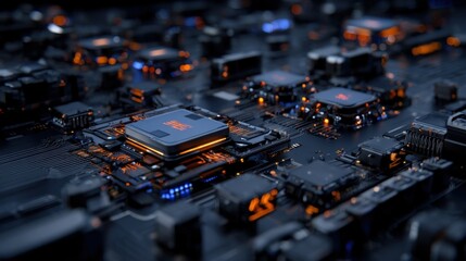 This detailed visual showcases a modern circuit board with numerous microchips and components, illuminated by vibrant orange and blue lights, emphasizing technological complexity.
