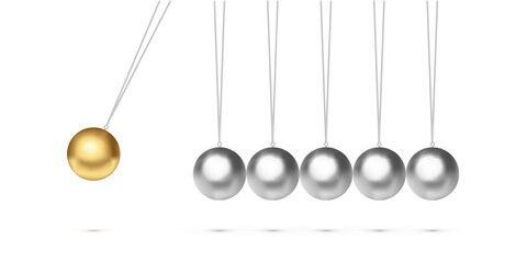 Newton cradle with balancing pendulum of hanging metal silver and one golden balls. Classic physics demonstration of momentum and energy transfer. 3d realistic vector illustration.