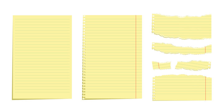 Set of yellow legal pad paper sheets and torn note pieces. Lined notebook pages with spiral holes and red margins and ripped fragments. Office stationery templates. Realistic vector illustration.