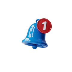 Blue notification bell icon with one new message isolated on transparent background