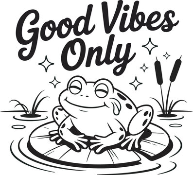 Happy Frog Lily Pad Good Vibes Only Black Illustration - Powered by Adobe