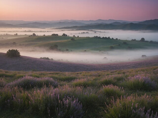 Obraz premium A wide open field under a pastel dawn sky with soft pink and lavender hues gently blending above the distant hills creating a cinematic atmosphere filled with quiet serenity the low