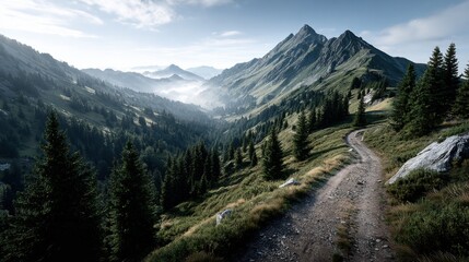 A serene, winding path cuts through vibrant green hills surrounded by majestic mountains. Early morning light highlights the fog rising in the valleys, creating a peaceful atmosphere.
