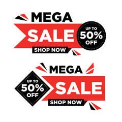 Mega Sale Up to 50% Off: Dynamic marketing promotion with vibrant red and black sale tags, highlighting savings and encouraging immediate action.