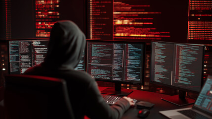 Hacker in a dark room operating multiple screens filled with red code and cybersecurity data.
