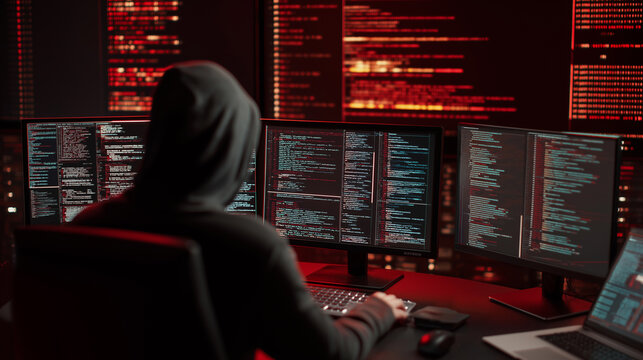Hacker in a dark room operating multiple screens filled with red code and cybersecurity data.
