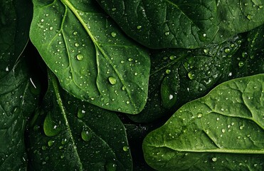 Fototapeta premium Fresh Green Spinach Leaves Glistening With Water Droplets After Recent Rain