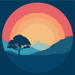 Minimal Sunset Landscape with Mountains and Silhouette Tree Illustration