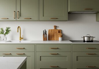 Modern kitchen design with olive green cabinets gold hardware and white countertops for home renovation