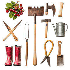 Gardening tools and cherries isolated on transparent background
