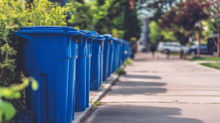 Naklejka premium Line of blue recycling bins placed along a residential sidewalk on a sunny day. 
