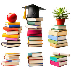 Stacks of books with school objects isolated on transparent background