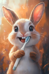 Adorable cartoon bunny brushing its teeth with a toothbrush in a vibrant setting.