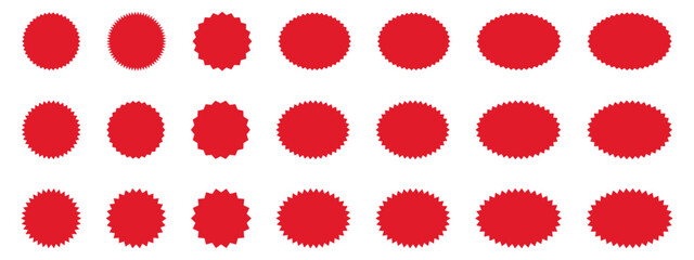 Starburst red sticker set - collection of special offer sale round and oval sunburst labels and buttons. Stickers and badges with star edges for promo advertising.