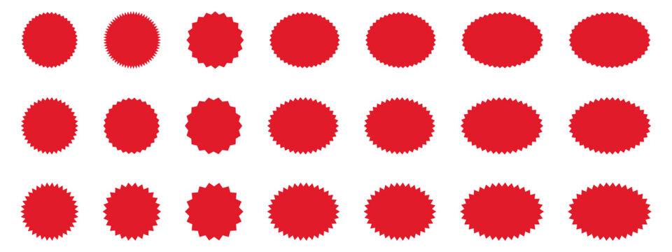 Starburst red sticker set - collection of special offer sale round and oval sunburst labels and buttons. Stickers and badges with star edges for promo advertising.