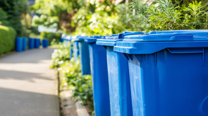 Obraz na płótnie Canvas Row of blue recycling bins lined up on a sunny residential sidewalk. 