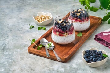 Chia pudding with nut granola, honeysuckle berry puree and whole honeysuckle  berries in...