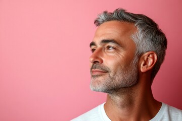 Fototapeta premium Fashionable men's classic long sweep haircut - midlife white man with hair. Creative of style for aging men. A midlife man posing for a portrait. Pink solid background.