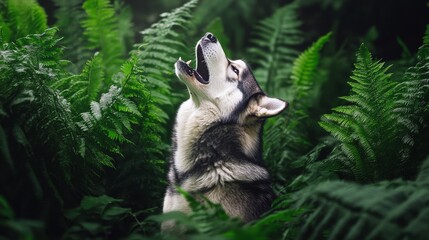 Obraz premium Siberian Husky Howling Amidst Lush Green Ferns in a Forest at Dusk.