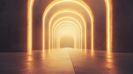 Arched corridor with vibrant orange neon lights fading into a bright glow in the distance
