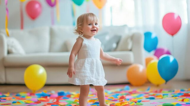 Celebration of joy with a toddler dancing amidst colorful decorations in a lively playroom