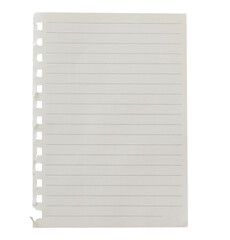 Torn-out lined notebook page with visible binder holes on left edge, isolated on transparent...
