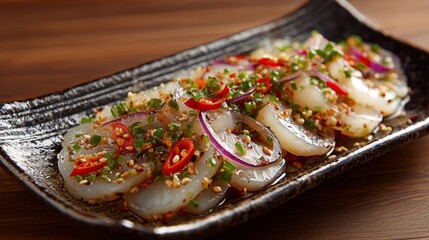 Jellyfish sliced ​​and marinated with specials presented on a ceramic plate in an upscale restaurant.