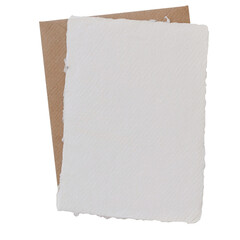 Blank handmade paper greeting card, invitation mockup with rough edges, brown kraft envelope...