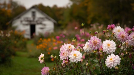 Obraz premium Colorful Flowers Bloom in a Serene Garden Near an Old Rustic Building During Autumn