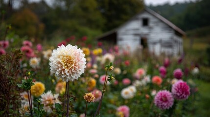Obraz premium Colorful Flowers Bloom in a Serene Garden Near an Old Rustic Building During Autumn.