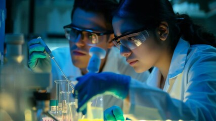 Lab research in biotechnology with students conducting experiments in modern laboratory during evening hours - Powered by Adobe