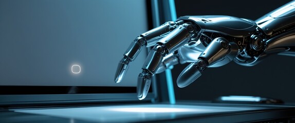 Robotic hand reaching towards a glowing touch interface on a futuristic digital screen