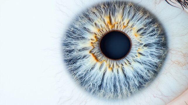 A delicate image of a human eye with a reflection of a medical scan, set against a clean, white background