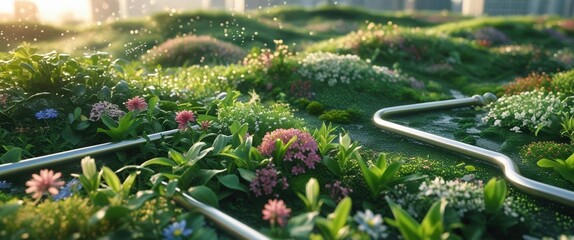 Lush green rooftop garden with blooming flowers and irrigation system in urban cityscape at sunrise