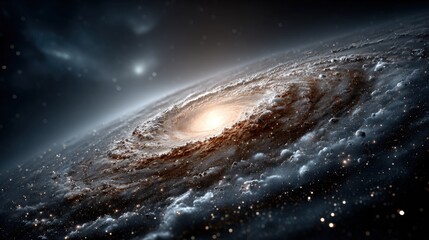 Fototapeta premium This breathtaking cosmic vista displays a spiral galaxy with swirling arms of stars and cosmic dust illuminated by a bright core, set against the dark backdrop of space.