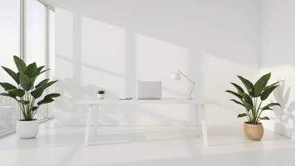 Minimalist home office with white desk, laptop, lamp, and potted plants in a bright room with large windows