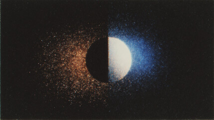 Grunge-style poster featuring geometric design with light gradient and grain effect showcasing celestial body