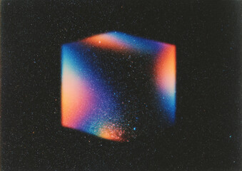 Grunge-style poster featuring a geometric shape with vibrant light gradients against a dark background