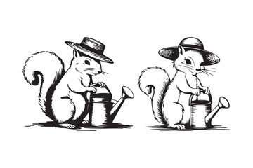 Cute Squirrel Watering Can Hat Garden Cartoon Vector Illustration