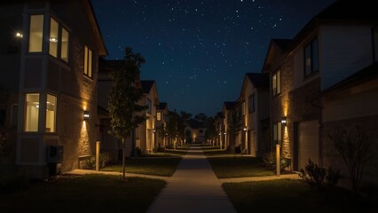 Quiet suburban neighborhood street at night with illuminated houses and a starry sky above