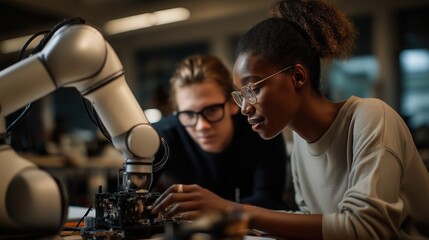 Students working together on robotics project in a modern learning lab during evening hours