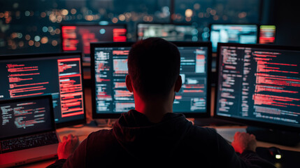 Rear view of a programmer working on multiple screens displaying code and data in a dark room.
