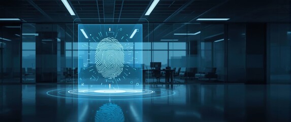 Futuristic digital fingerprint scanner hologram in a modern office environment at night