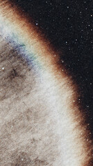 Grunge-style poster showcasing wooden texture gradients and a chromatic effect against a cosmic backdrop with a hint of a rainbow