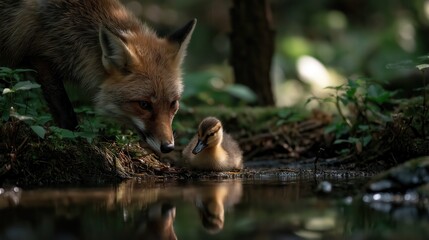 Obraz premium Fox and duckling interact by a tranquil stream in a lush forest setting during the glowing hours of sunset