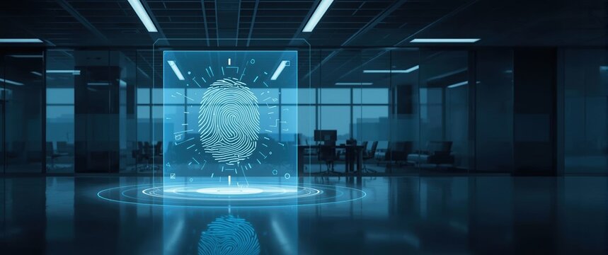 Futuristic digital fingerprint scanner hologram in a modern office environment at night - Powered by Adobe