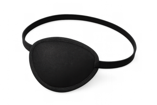 Black medical eye patch resting on clean transparent surface, indicating eye injury recovery or protective vision treatment